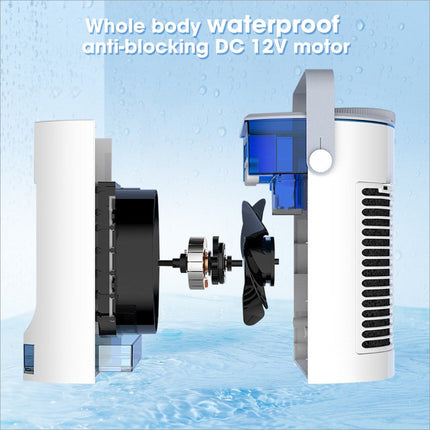 White cylindrical aquarium filter with blue parts and black impeller featuring anti-blocking dc 12v motor for water tank use