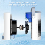 White cylindrical aquarium filter with blue parts and black impeller featuring anti-blocking dc 12v motor for water tank use