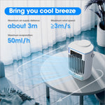 White and blue cf-008 summer home mini air cooler with vertical slats, digital panel, water tank, and pull-out condensate collection