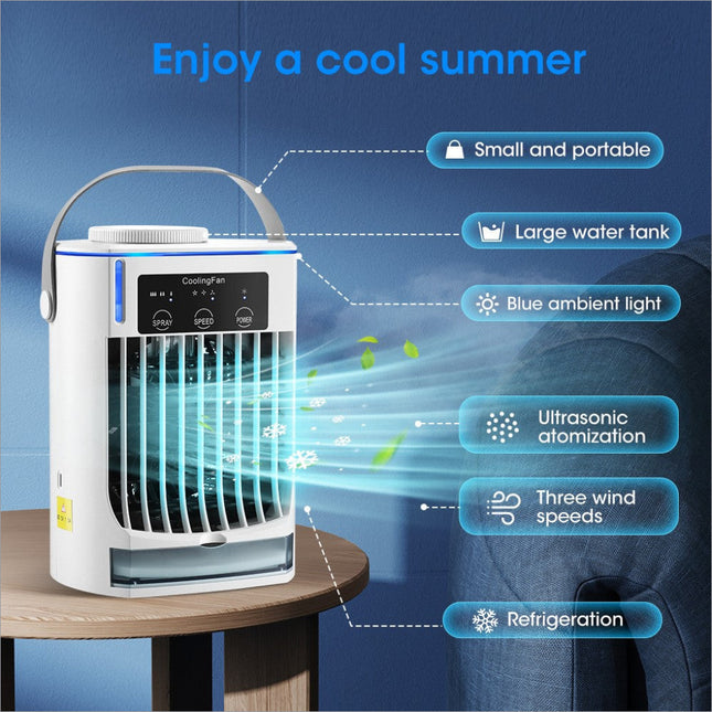 White cf-008 summer home mini air cooling fan with handle digital control panel blue light water tank and pull-out condensate collection