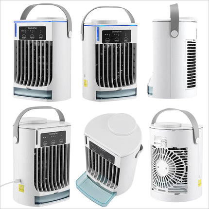 White portable water cooling fan cf-008 with black grille handle water tank and pull-out condensate collection for desktop use