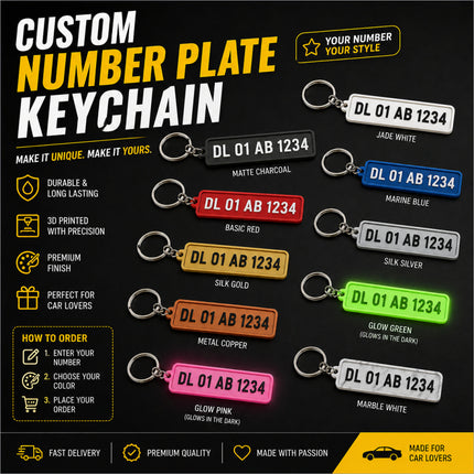 Custom number plate keychains in jade white matte charcoal marine blue and more personalized for car enthusiasts