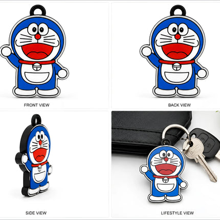 Cute blue cartoon character keychain featuring doraemon with red nose and silver metal ring for keys and bags