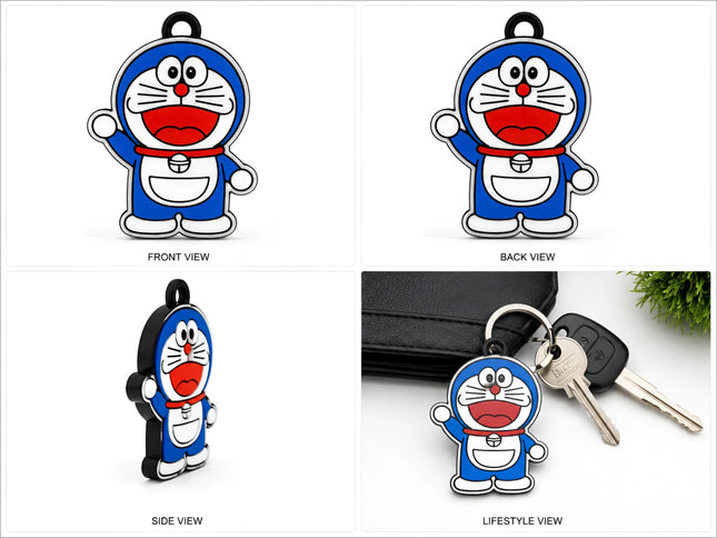 Cute blue cartoon character keychain featuring doraemon with red nose and silver metal ring for keys and bags