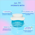Close-up view of DOT & KEY 72Hr Hydrating Gel + Probiotics Moisturizer showcasing its unique ingredients like Hyaluronic Acid, Kombucha, and Rice Water. A top choice for a hydrating gel moisturizer.