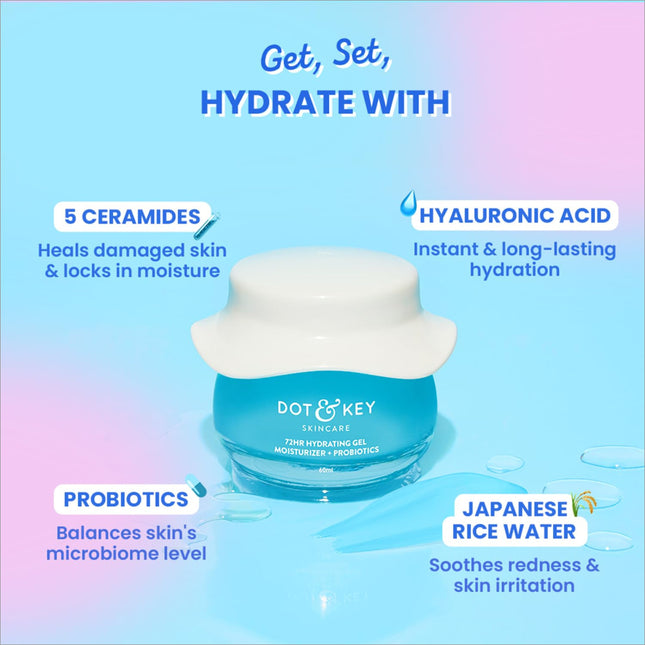 Close-up view of DOT & KEY 72Hr Hydrating Gel + Probiotics Moisturizer showcasing its unique ingredients like Hyaluronic Acid, Kombucha, and Rice Water. A top choice for a hydrating gel moisturizer.