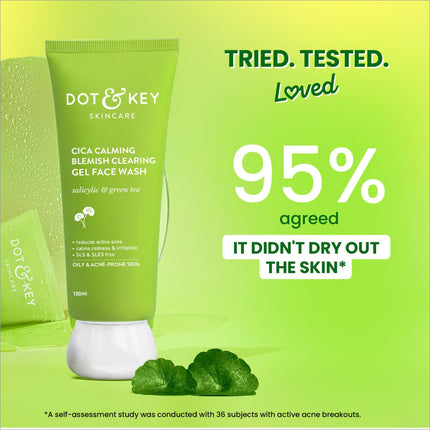 Dot & Key CICA Face Wash image emphasizing oil control and acne treatment benefits, suitable for both men and women.