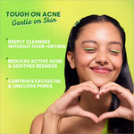 Inside view of Dot & Key CICA Face Wash bottle, highlighting its acne-fighting ingredients like Green Tea and Salicylic Acid for oily and sensitive skin.