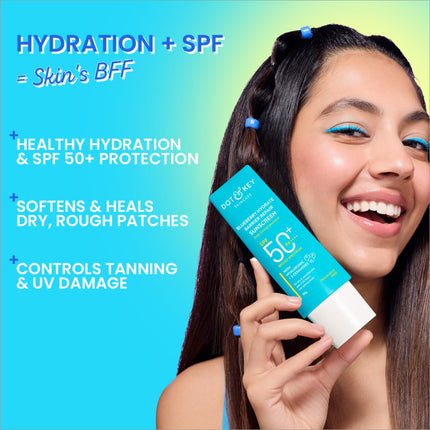 Dot & Key Blueberry Hydrate Barrier Repair Sunscreen with an illustration showing its application for maximum UV protection.