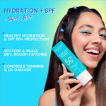 Dot & Key Blueberry Hydrate Barrier Repair Sunscreen with an illustration showing its application for maximum UV protection.