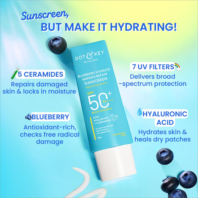 Dot & Key Blueberry Hydrate Barrier Repair Sunscreen showing broad spectrum UV and blue light protection for all skin types.