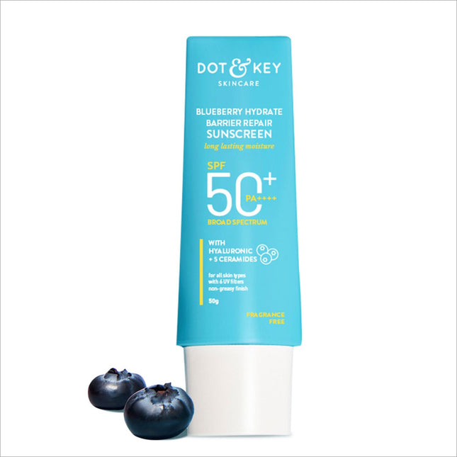 Dot & Key Blueberry Hydrate Barrier Repair Sunscreen SPF 50+ for dry and sensitive skin with non-greasy finish and no white cast.