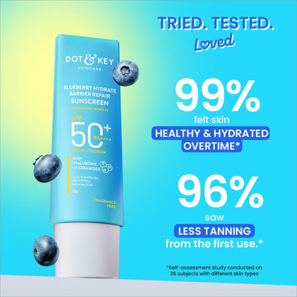 Dot & Key Blueberry Hydrate Barrier Repair Sunscreen SPF 50+ being applied on skin, catering to both women and men.
