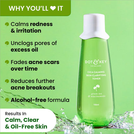 Dot & Key Cica Calming Skin Clarifying Toner formulated with Green Tea & Niacinamide, an effective calming toner for sensitive skin, reduces dark spots and redness, 150ml