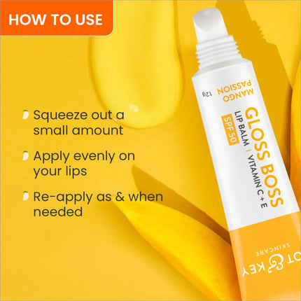 Product display of Dot & Key Gloss Boss Mango Passion Lip Balm, highlighting its properties as a moisturizing mango flavor lip balm with SPF 50.