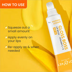 Product display of Dot & Key Gloss Boss Mango Passion Lip Balm, highlighting its properties as a moisturizing mango flavor lip balm with SPF 50.