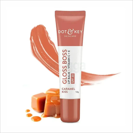 Dot and Key Gloss Boss Vitamin C + E Lip Balm with SPF 30 - Caramel Kiss, a moisturizing lip balm with SPF offering glossy finish and sun protection.