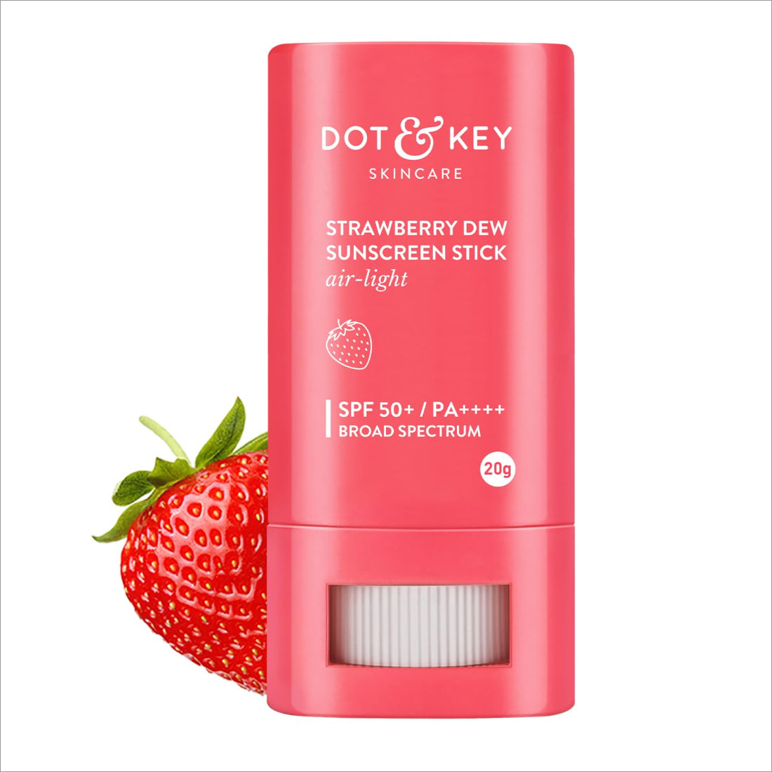 Dot & Key Strawberry Dew SPF 50 Sunscreen Stick On-The-Go, ideal sunscreen stick for travel, offers broad spectrum UVA/UVB protection with hyaluronic acid and ceramide for hydration.