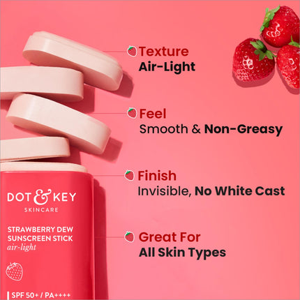 Portable Dot & Key Strawberry Dew SPF 50 Sunscreen Stick, perfect for travel enthusiasts, offers broad-spectrum protection and advanced hydration with hyaluronic acid and ceramide.