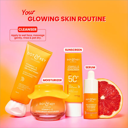 Apply DOT & KEY Vitamin C + E Super Bright Gel Face Wash for rejuvenated skin, reflecting its benefits for glowing and brightening effects.