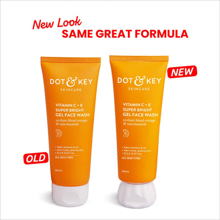Before and after results of using DOT & KEY Vitamin C + E Super Bright Gel Face Wash, demonstrating improved skin clarity and brightness.
