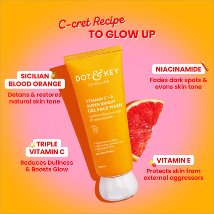 100 ml bottle of DOT & KEY Vitamin C + E Super Bright Gel Face Wash, enriched with Triple Vitamin C for enhanced skin brightness and glow.