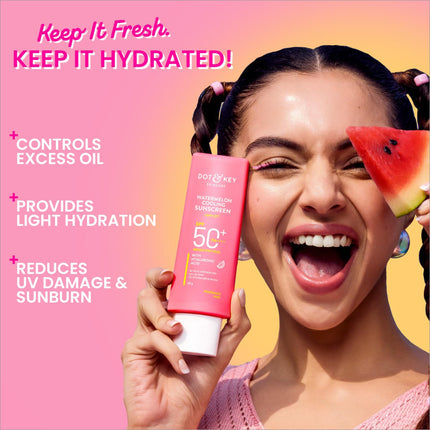 Flat lay of DOT & KEY Watermelon Cooling Sunscreen SPF 50+ PA++++ with watermelon slices and sun protection icons, showcasing its broad spectrum of UVA and UVB protection.
