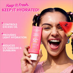 Flat lay of DOT & KEY Watermelon Cooling Sunscreen SPF 50+ PA++++ with watermelon slices and sun protection icons, showcasing its broad spectrum of UVA and UVB protection.