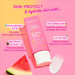 Application of DOT & KEY Watermelon Cooling Sunscreen SPF 50+ PA++++ on skin demonstrating its non-greasy formula that controls excess oil and prevents tanning.
