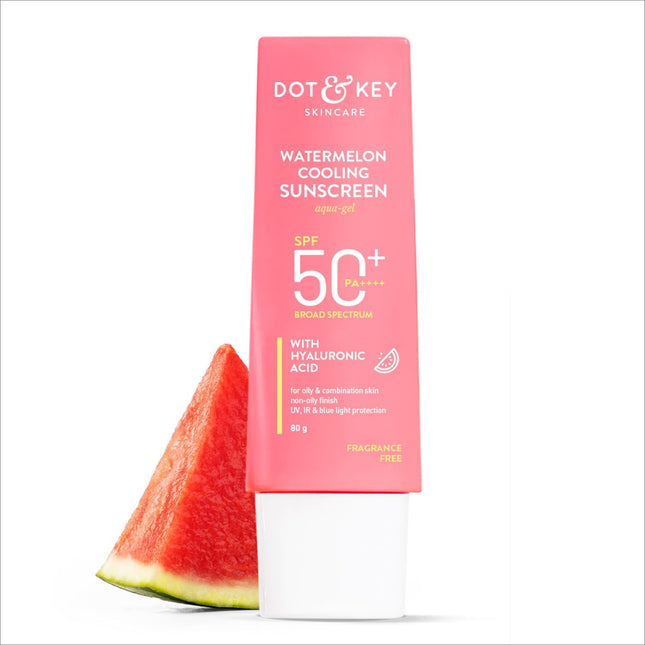 DOT & KEY Watermelon Cooling Sunscreen SPF 50+ PA++++ displayed in a refreshing bottle with vibrant watermelon imagery, featuring hyaluronic acid for skin hydration and cooling effect.