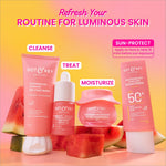Packaging of DOT & KEY Watermelon Cooling Sunscreen SPF 50+ PA++++ featuring bright watermelon colors suitable for all skin types with a promise of no white cast.