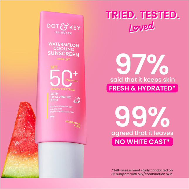 Close-up of DOT & KEY Watermelon Cooling Sunscreen SPF 50+ PA++++, highlighting its cooling texture and hyaluronic acid formulation for effective hydration and sun protection.