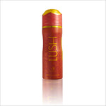 Lush Deodorant bottle by BIRRA featuring a vibrant red design with floral patterns and a yellow cap, showcasing a deodorant body spray.
