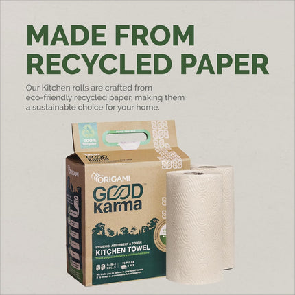 Close-up of Good Karma 3 Ply Eco-Friendly Unbleached Kitchen Tissue Paper Roll, showcasing its eco-friendly kitchen paper nature and quality.