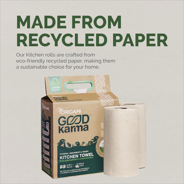 Close-up of Good Karma 3 Ply Eco-Friendly Unbleached Kitchen Tissue Paper Roll, showcasing its eco-friendly kitchen paper nature and quality.