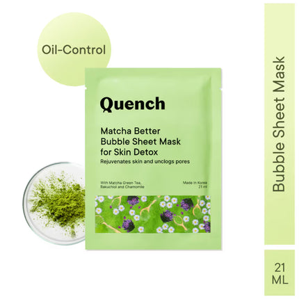 Quench Korean Bubble Sheet Mask with Matcha Green Tea promotional image showcasing key ingredients.