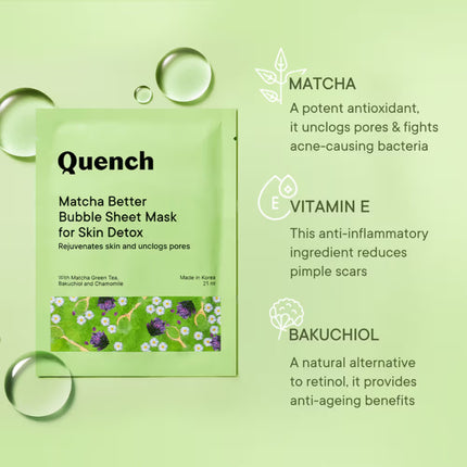 Quench Korean Bubble Sheet Mask with Matcha Green Tea minimalist presentation on a flat surface.