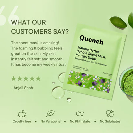 Lifestyle image of the Quench Korean Bubble Sheet Mask with Matcha Green Tea in a beauty setting.