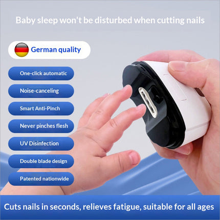 White and black electric nail trimmer with sleek ergonomic design and three adjustable gears for safe automatic cutting