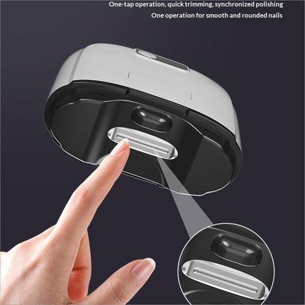 Electric nail trimmer with a sleek white and black body and integrated cutting blade for precise trimming