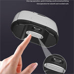 Electric nail trimmer with a sleek white and black body and integrated cutting blade for precise trimming