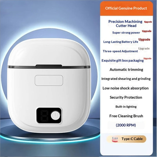 White sleek electric nail trimmer head with black accent and digital display for adjustable 3 gear automatic clipping
