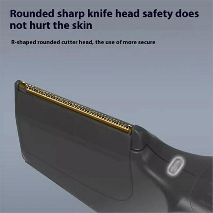 Gray plastic electric trimmer with gold rounded cutter head in a multifunctional grooming kit hair trimmer for body and beard