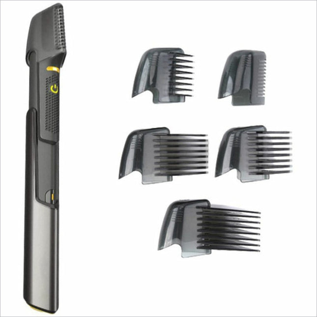 Black and silver multifunctional grooming kit hair trimmer with multiple gray comb attachments for beard and body hair removal