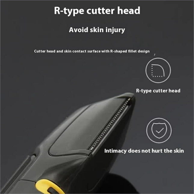 Black r-type cutter head with yellow accent and r-shaped fillet design for skin safety in multifunctional grooming kit hair trimmer