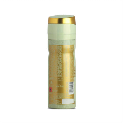 Back view of Essentially Oud deodorant spray by BIRRA, displaying product details and ingredients on a green and gold bottle.