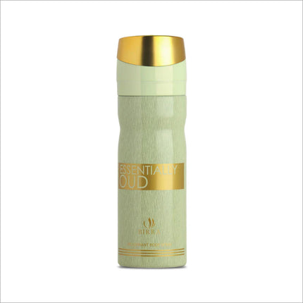 Front view of Essentially Oud deodorant spray by BIRRA in a sleek green bottle with a gold cap, showcasing premium design and branding.