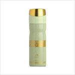 Front view of Essentially Oud deodorant spray by BIRRA in a sleek green bottle with a gold cap, showcasing premium design and branding.