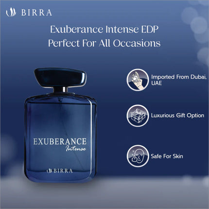 BIRRA Exuberance Intense perfume bottle highlighted as a perfect gift option, with icons representing safety and luxurious qualities, set against a dark blue backdrop.