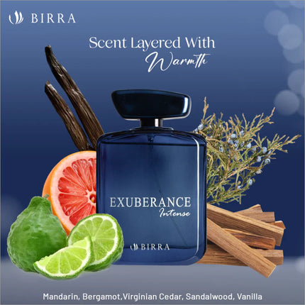 BIRRA Exuberance Intense perfume bottle with fresh ingredients like Mandarin, Bergamot, and Cedar, emphasizing the warmth of the fragrance with a dark blue background.
